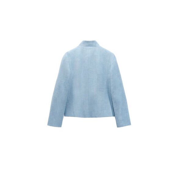 NWT zara high collar blazer jacket women’s S pockets buttons light blue linen - Picture 3 of 13